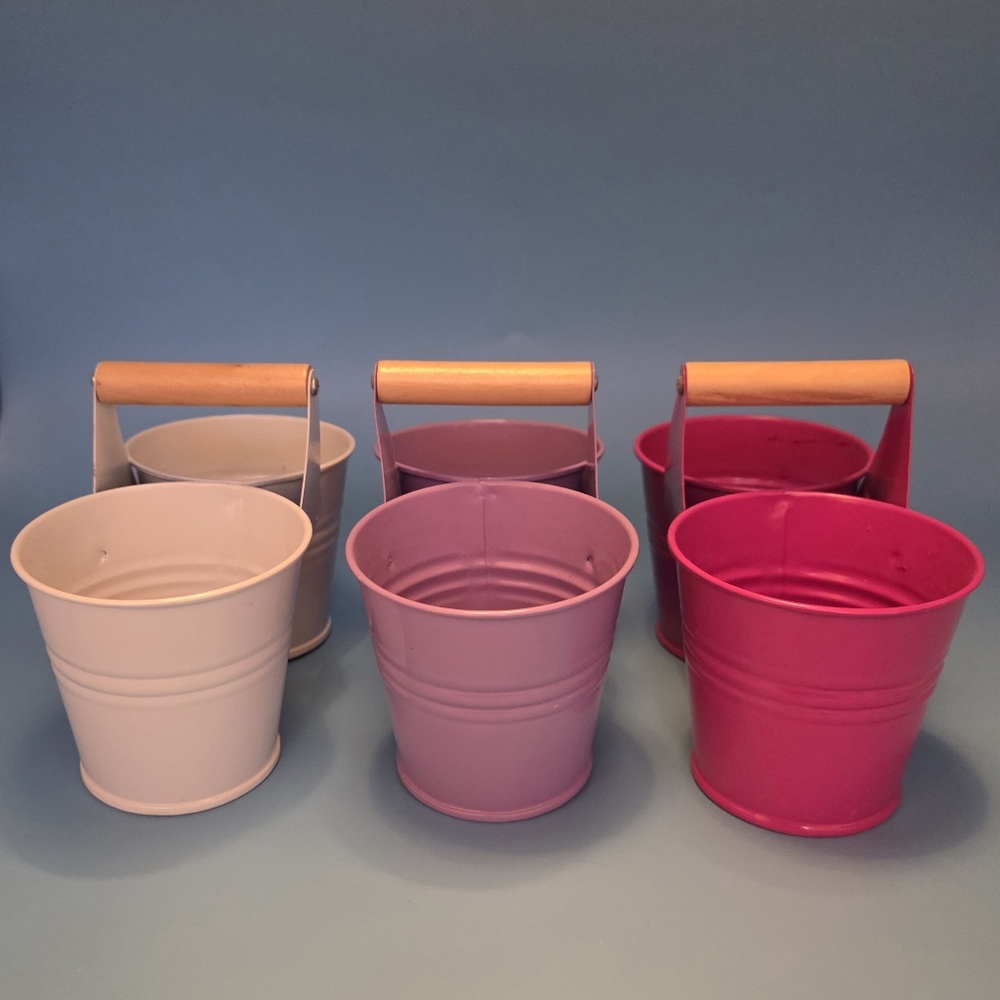 Dual Minature Metal Buckets With Wooden Handles, Set Of Three
